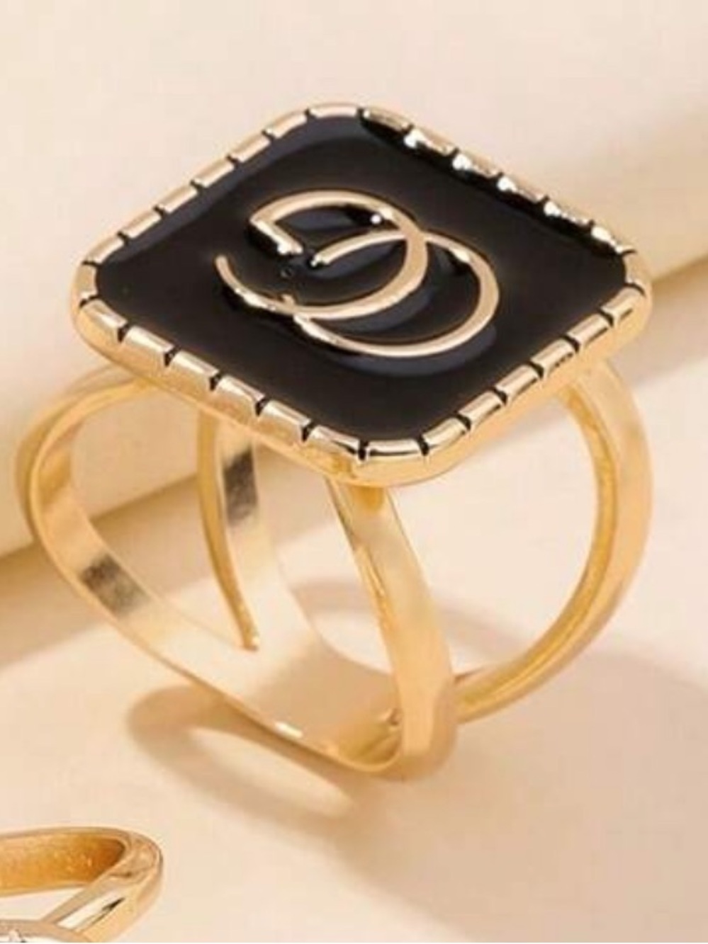 Gold-Tone Ring with Black Enamel Square